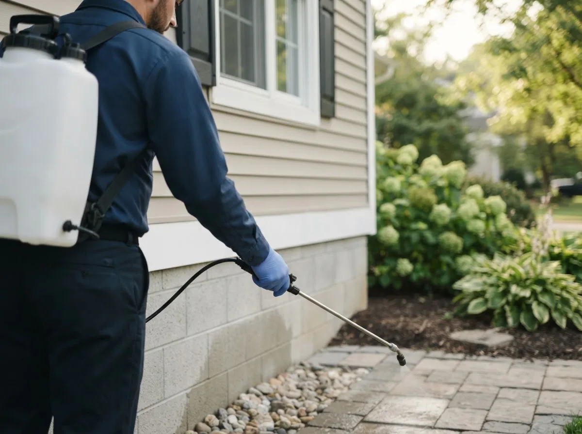 Pest control technician inspecting a home in Fitzwilliam, NH